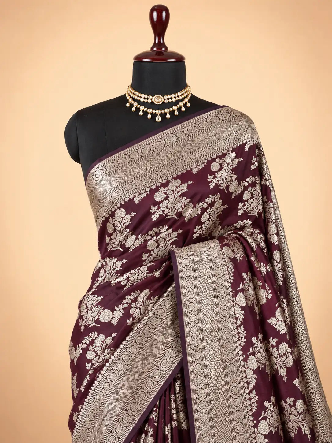 Garnet Pure Katan Silk Jaalwork Banarasi Saree – Uppada Handwoven Festive Wear