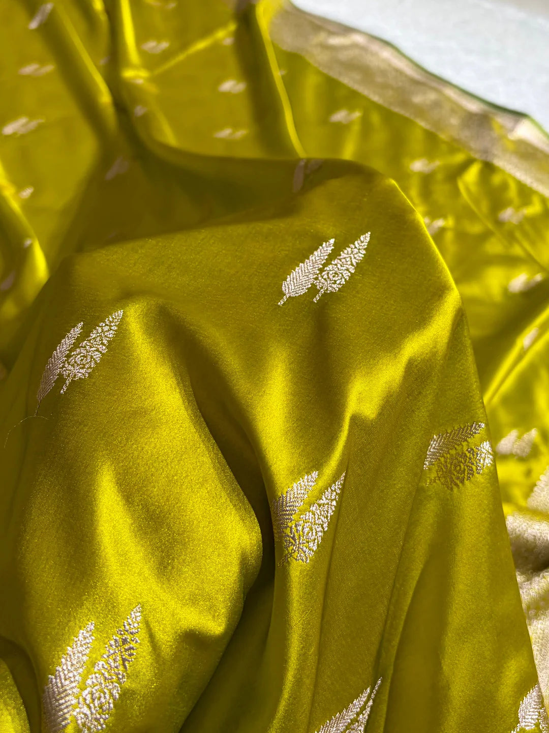 Silver Leaves — Mashru Silk Saree in Chartreuse Green