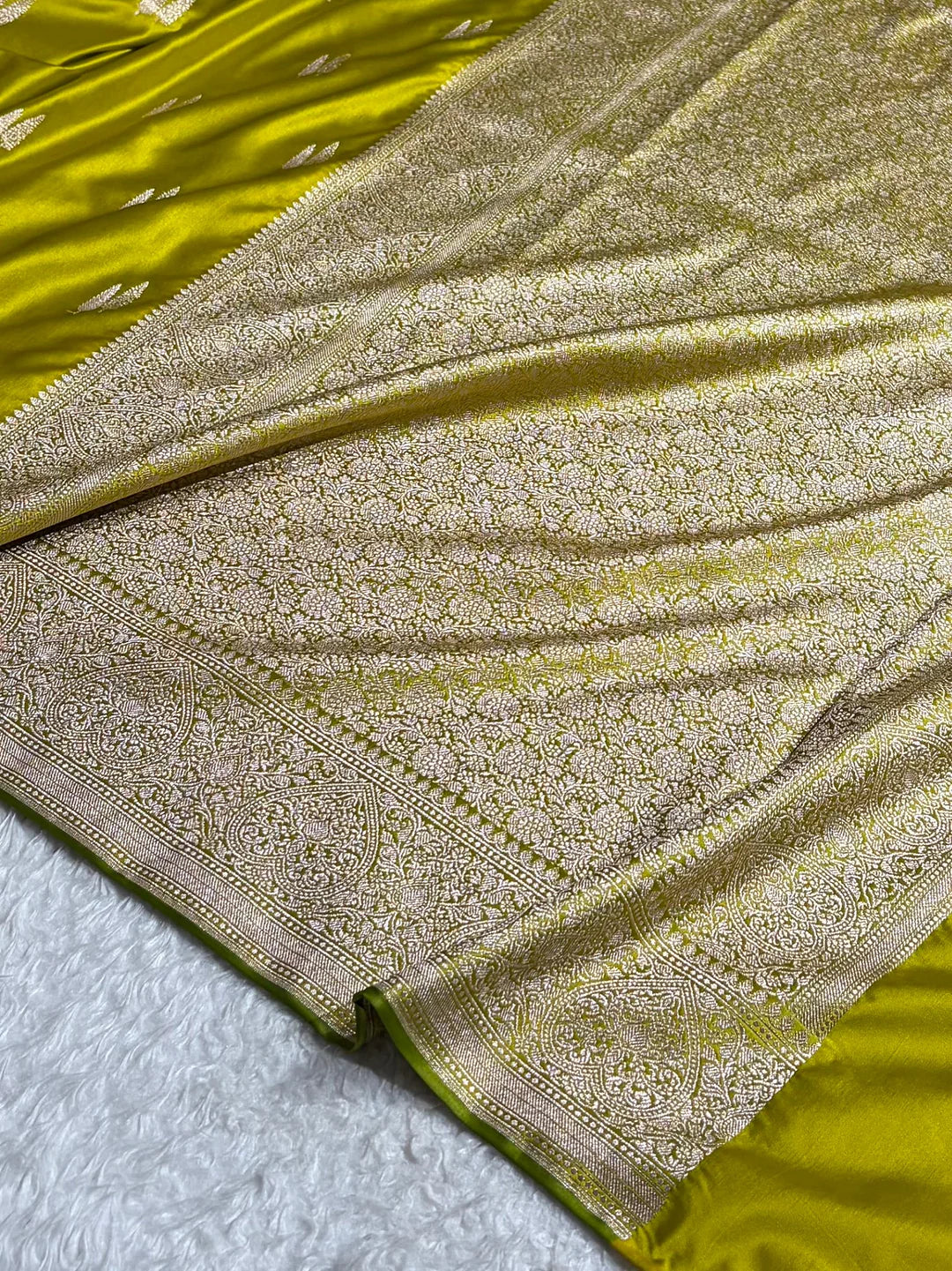 Silver Leaves — Mashru Silk Saree in Chartreuse Green