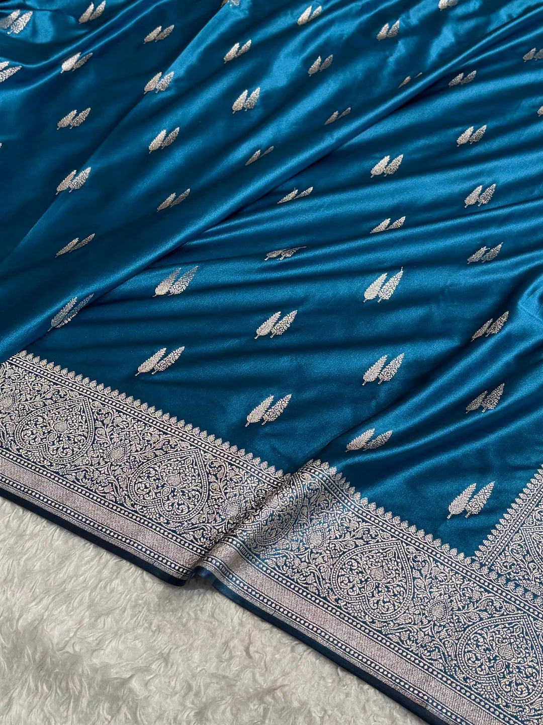 Silver Feathers — Mashru Silk Saree in Deep Teal
