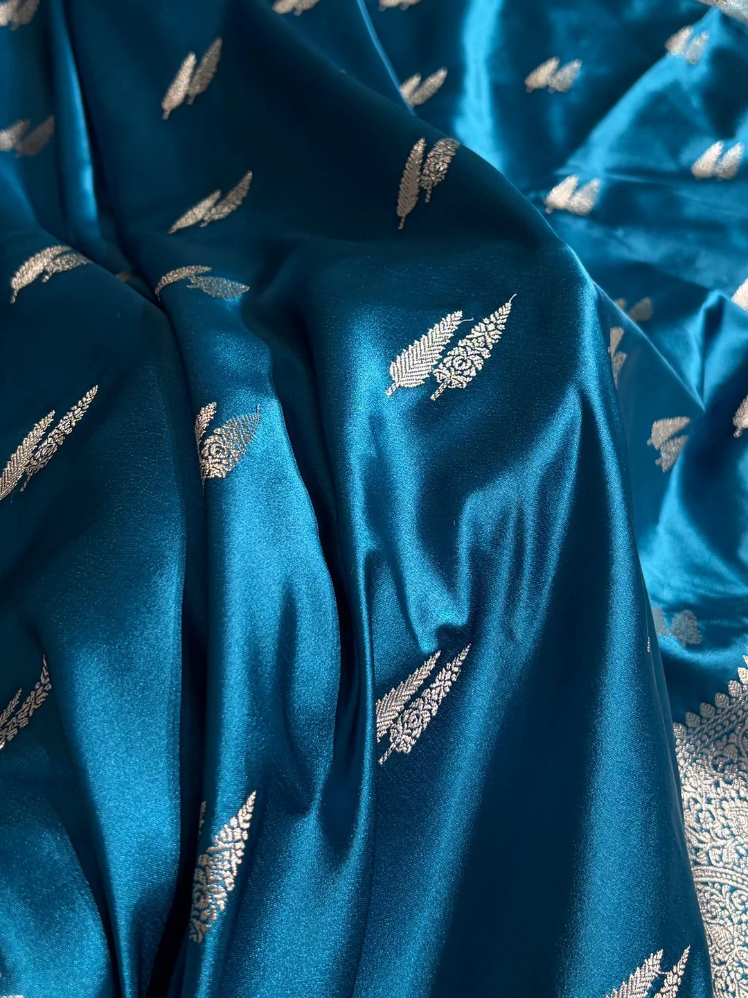 Silver Feathers — Mashru Silk Saree in Deep Teal