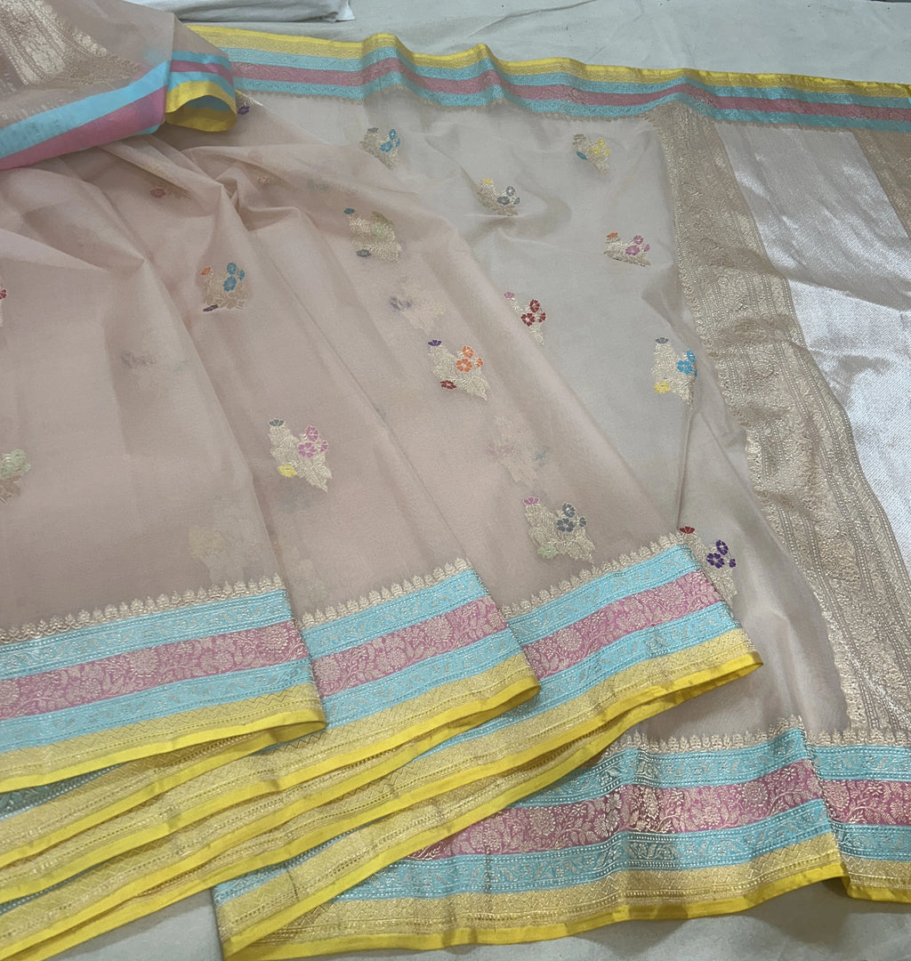 Rose Pink Floral Buta Pure Kora Silk Banarasi Saree Kadhwa Handloom Sona Rupa Zari - Katan Banaras