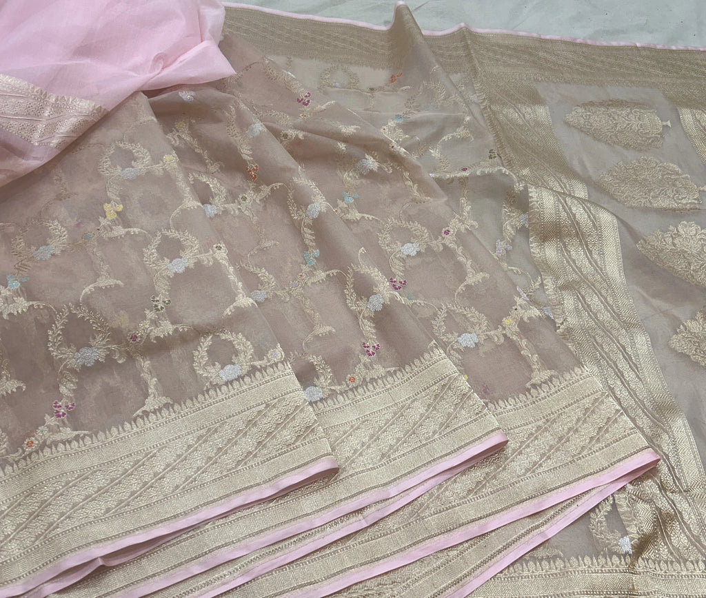 Champagne Gold Floral Buta Pure Kora Silk Banarasi Saree