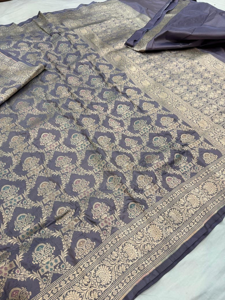Pure Katan Silk Tilfi Minakari Banarasi Saree – Big Buta Motifs & Heavy Pallu