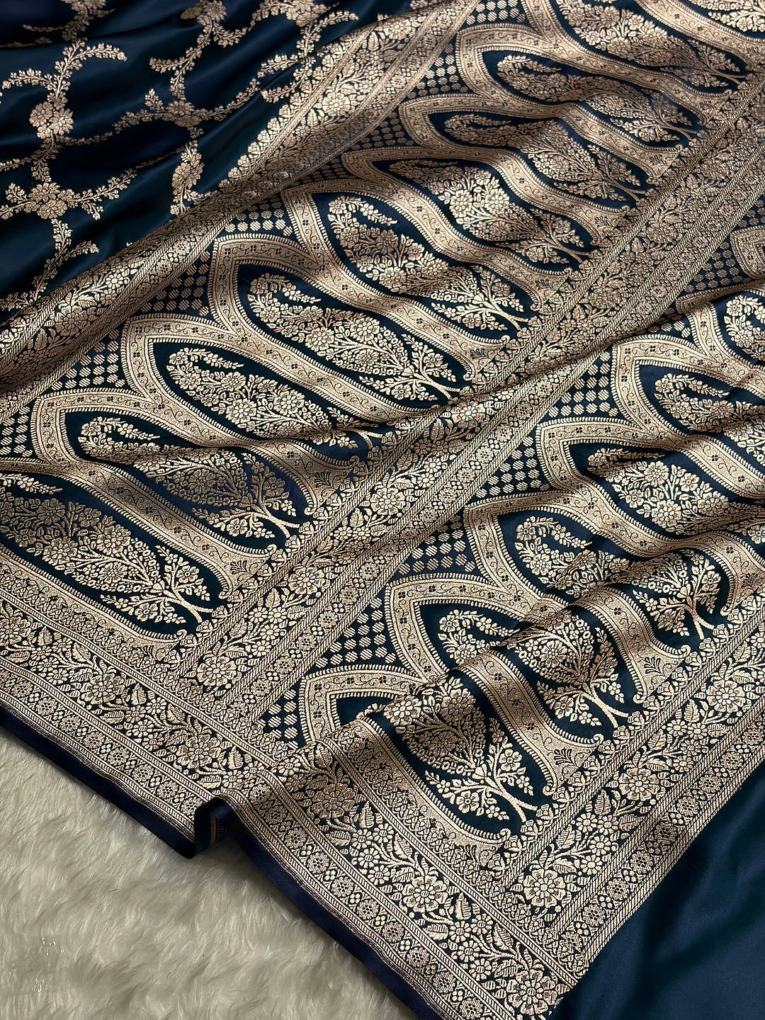 Silver Botanica — Mashru Silk Banarasi Saree in Dark Rama Green