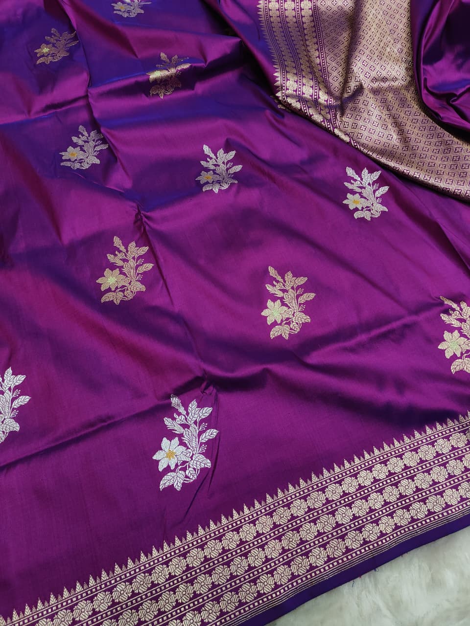 Pure Katan Silk Kadhwa Buta Handloom Banarasi Saree – Royal Purple | Sona Rupa Zari with Tilfi Minakari