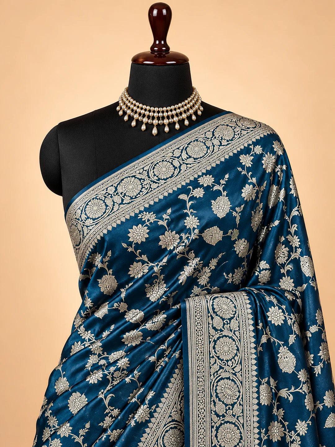 Midnight Lattice — Mashru Silk Saree in Navy Blue