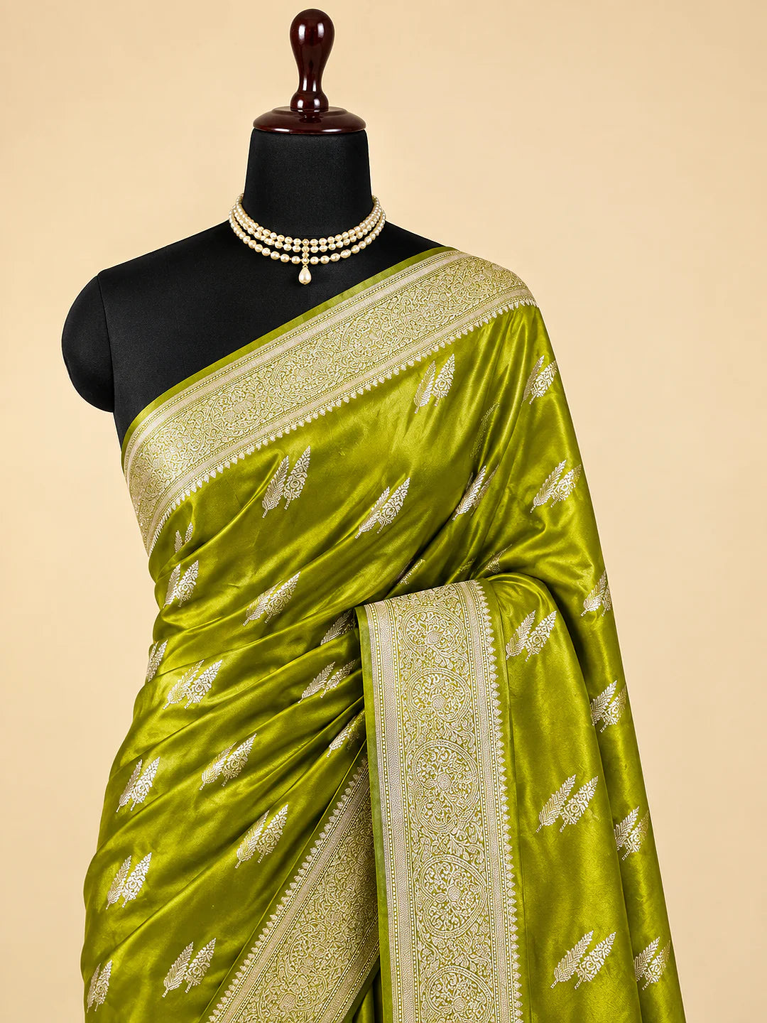 Silver Leaves — Mashru Silk Saree in Chartreuse Green