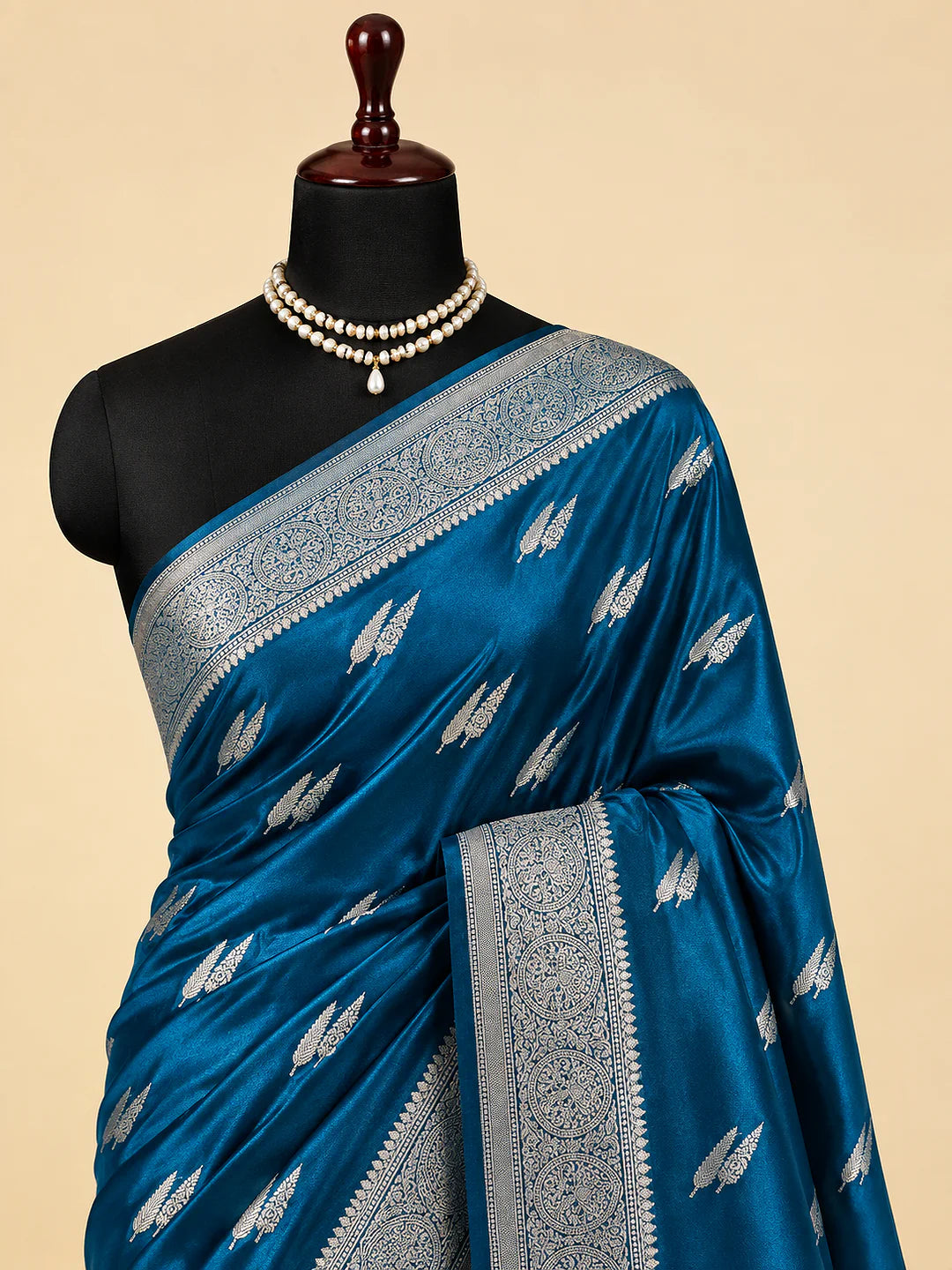 Silver Feathers — Mashru Silk Saree in Deep Teal