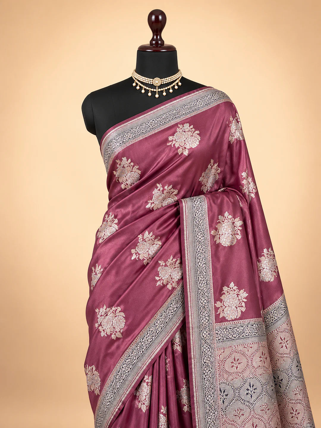 Silver Petals — Mashru Silk Saree in Mauve Pink