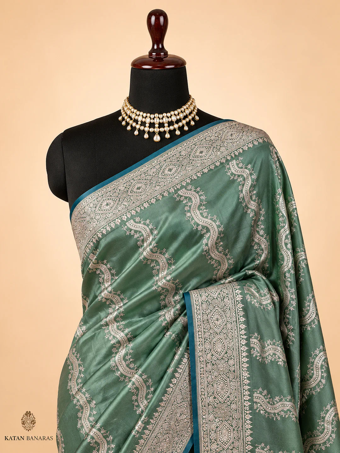 Seafoam Lattice — Mashru Silk Banarasi Saree in Sea Green