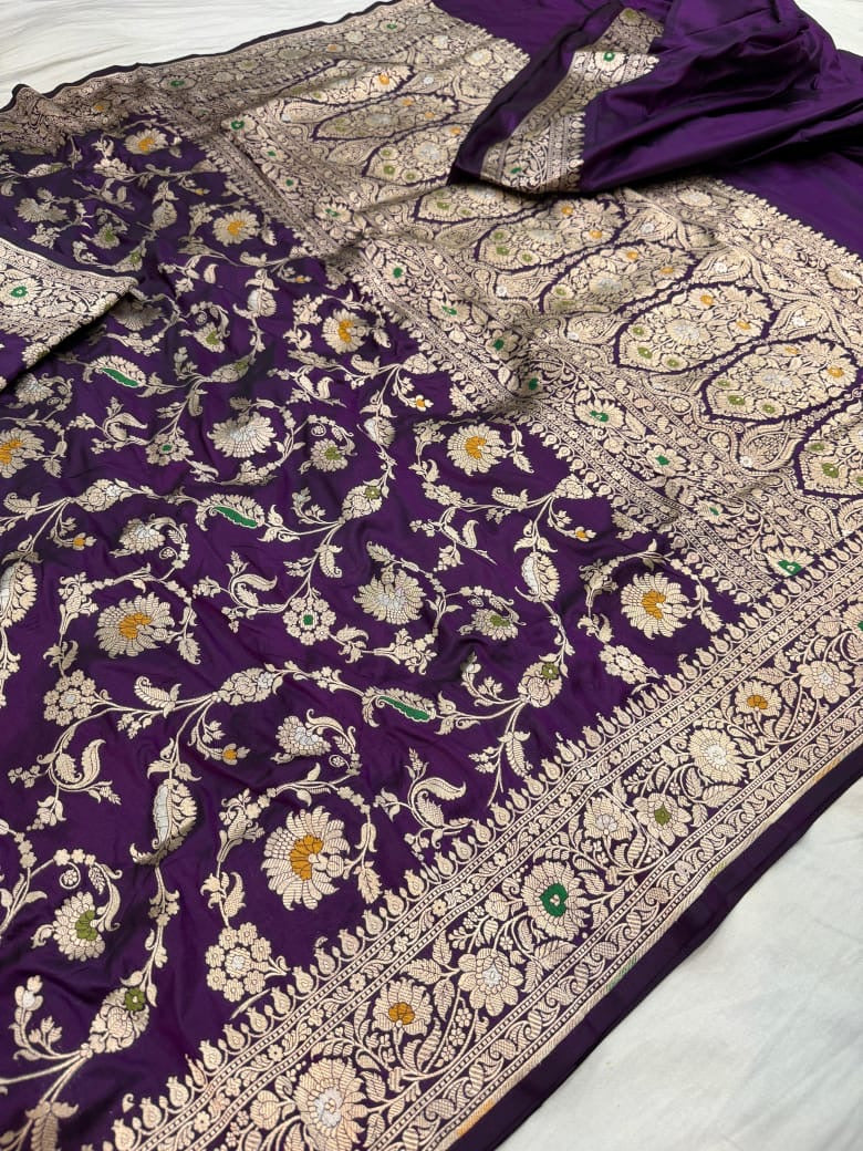 Pure Katan Silk Tilfi Minakari Banarasi Saree – Big Buta Motifs & Heavy Pallu