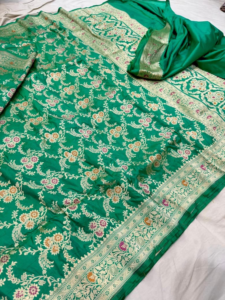 Pure Katan Silk Tilfi Minakari Banarasi Saree – Big Buta Motifs & Heavy Pallu