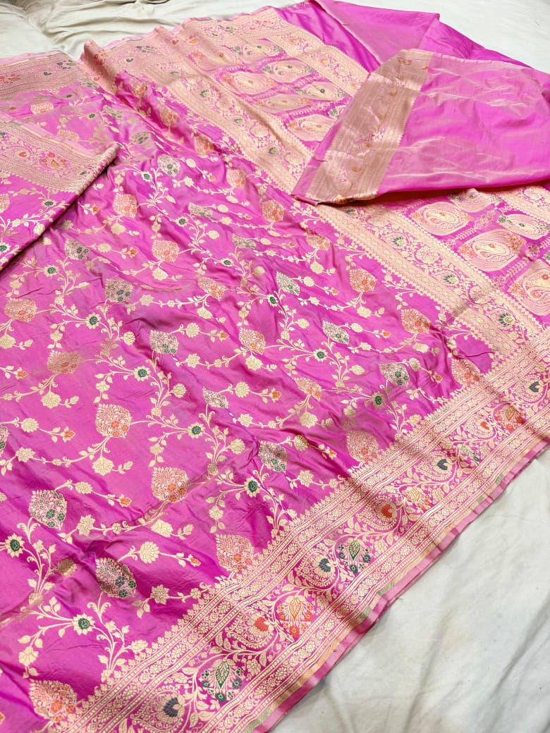 Pure Katan Silk Tilfi Minakari Banarasi Saree – Big Buta Motifs & Heavy Pallu