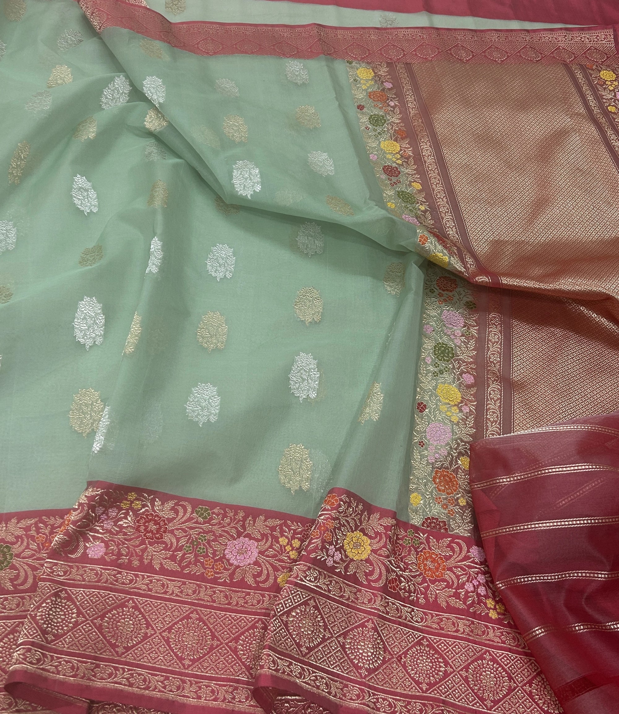 Ivory Floral Buta Pure Kora Silk Banarasi Saree