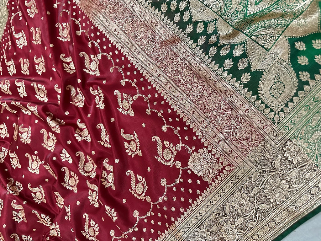 Pure Satin Silk Banarasi Saree Wine Red Bottle Green Contrast | Katan Banaras