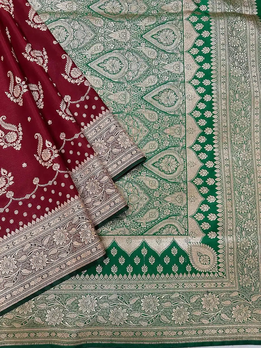Pure Satin Silk Banarasi Saree Wine Red Bottle Green Contrast | Katan Banaras