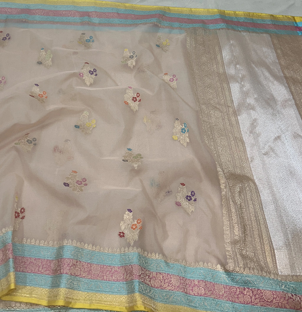 Rose Pink Floral Buta Pure Kora Silk Banarasi Saree Kadhwa Handloom Sona Rupa Zari - Katan Banaras
