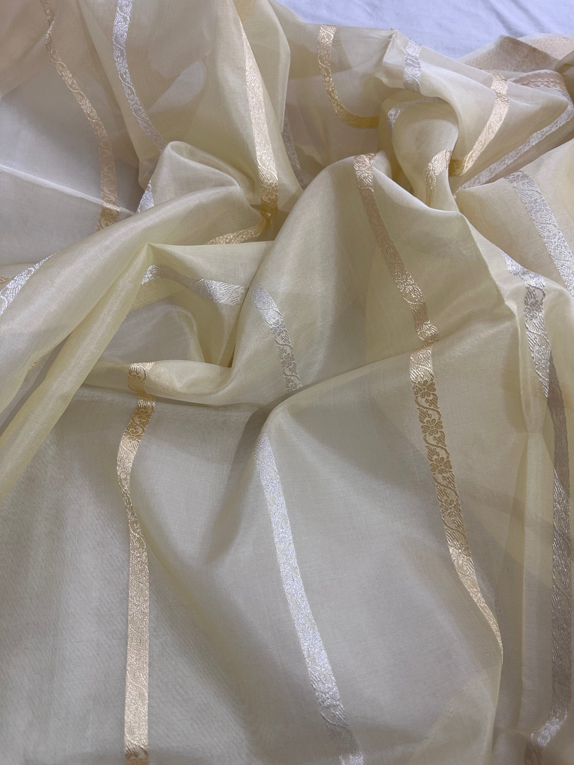 Pure Kora Silk Kadhwa Strips Handloom Saree – Real Zari Banarasi Masterpiece