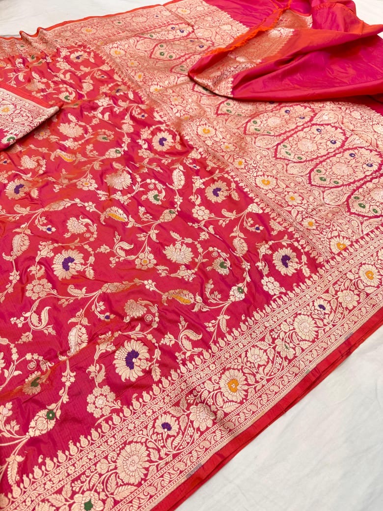 Pure Katan Silk Tilfi Minakari Banarasi Saree – Big Buta Motifs & Heavy Pallu