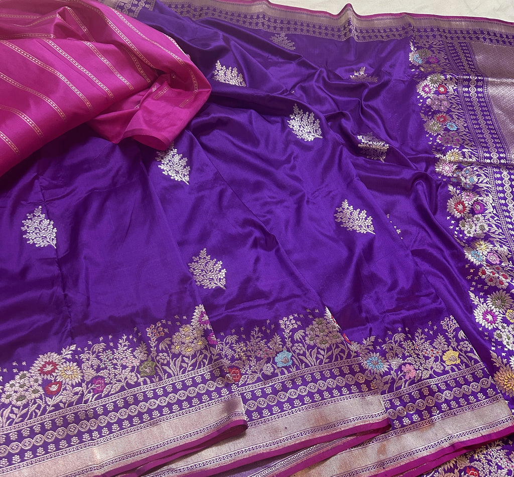 Royal Purple Pure Katan Silk Kadhwa Buta Handloom Banarasi Saree with Intricate Meenakari Floral Border