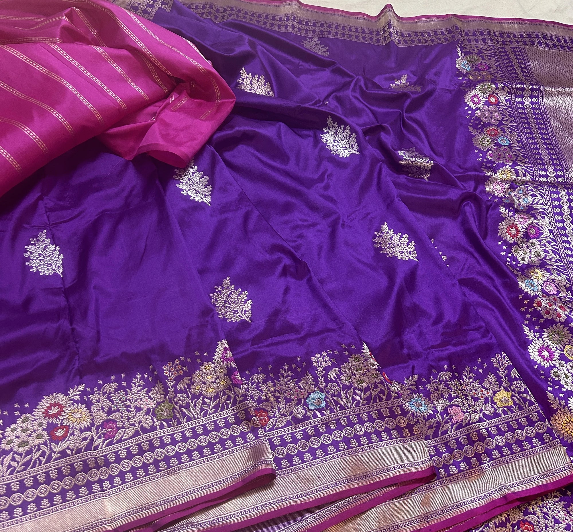 Royal Purple Pure Katan Silk Kadhwa Buta Handloom Banarasi Saree with Intricate Meenakari Floral Border