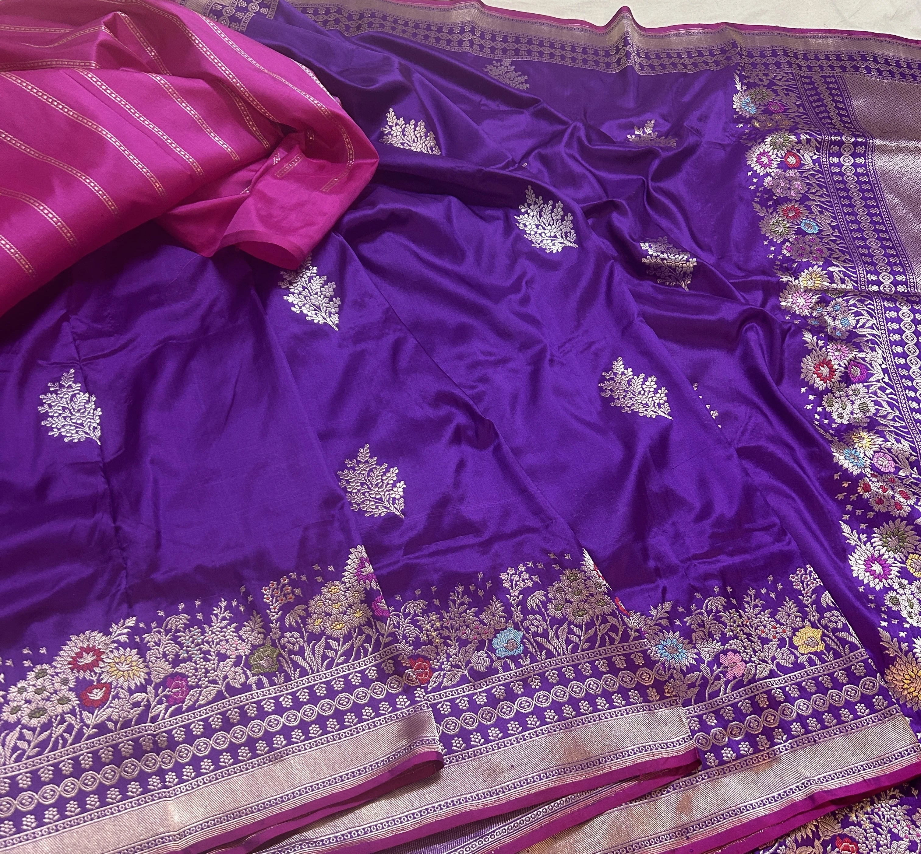 Royal Purple Pure Katan Silk Kadhwa Buta Handloom Banarasi Saree with Intricate Meenakari Floral Border