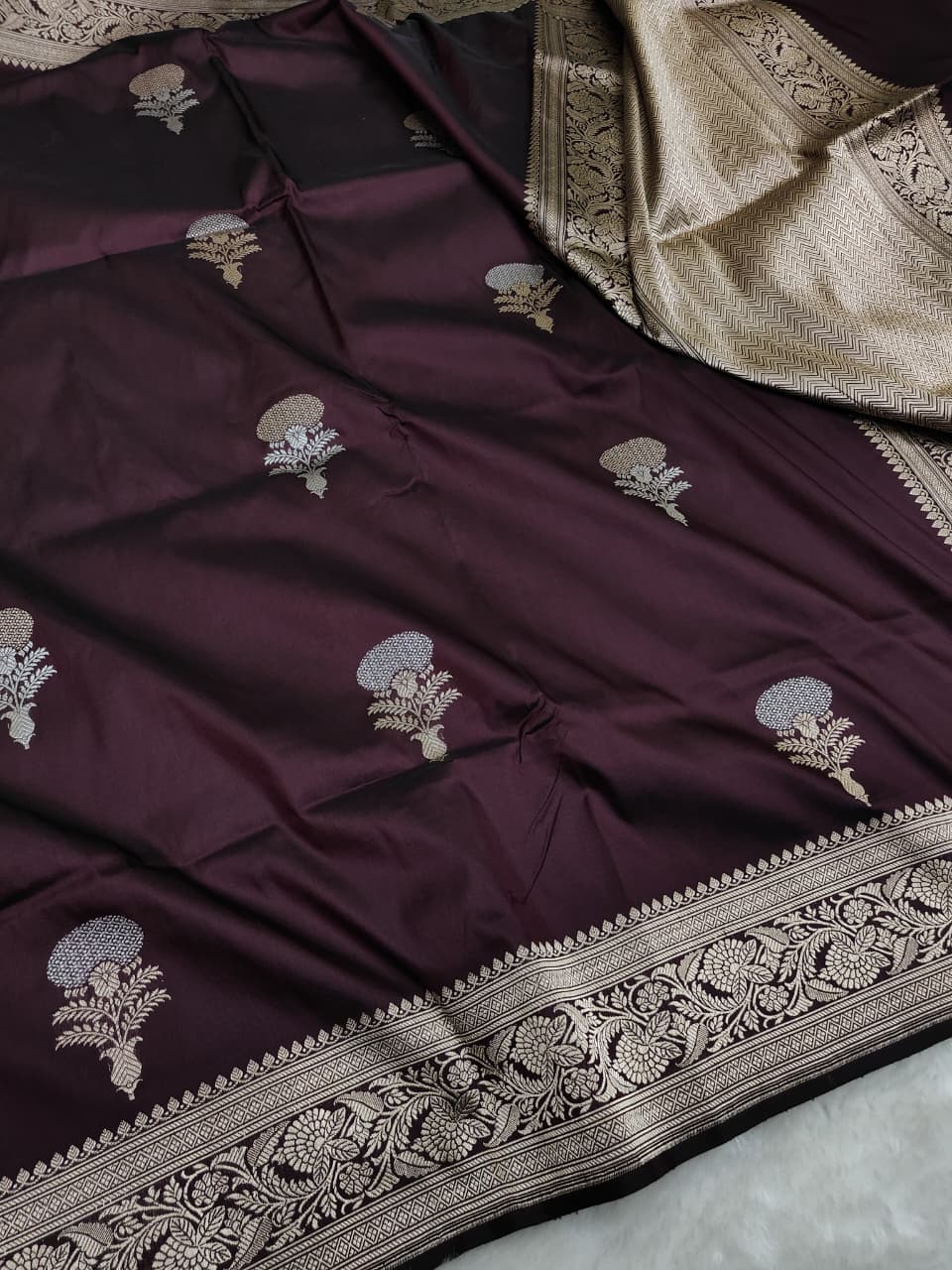 Pure Katan Silk Kadhwa Buta Banarasi Saree | Sona Rupa Zari | Dark Maroon