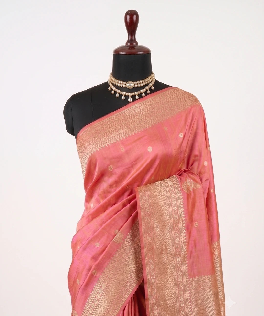 Pink–Orange Dual Tone Pure Katan Silk Banarasi Saree with Gold Zari Buti & Traditional Handwoven Border