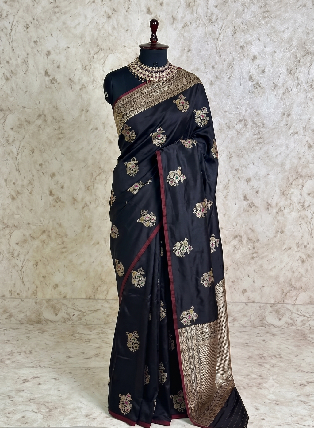 Pure Katan Silk Kadhwa Buta Handloom Banarasi Saree in Black – Sona Rupa Zari with Tilfi Minakari