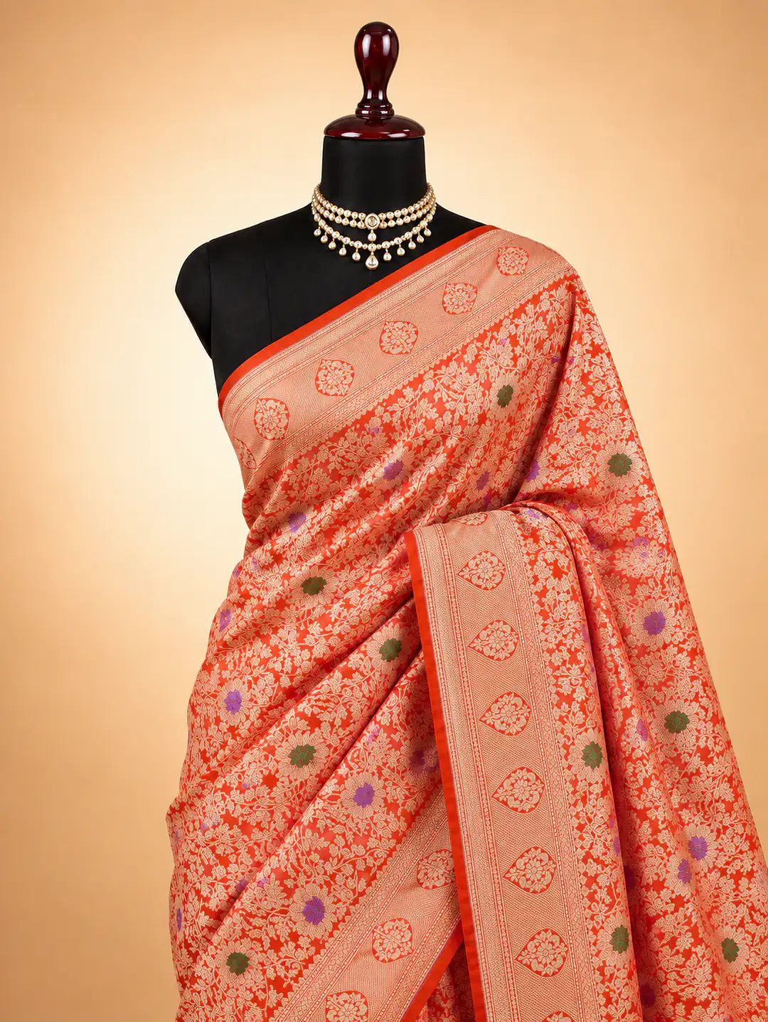 Amber Flower Trails — Pure Katan Silk Brocade Tilfi Meena Alowar Banarasi Saree in Orange