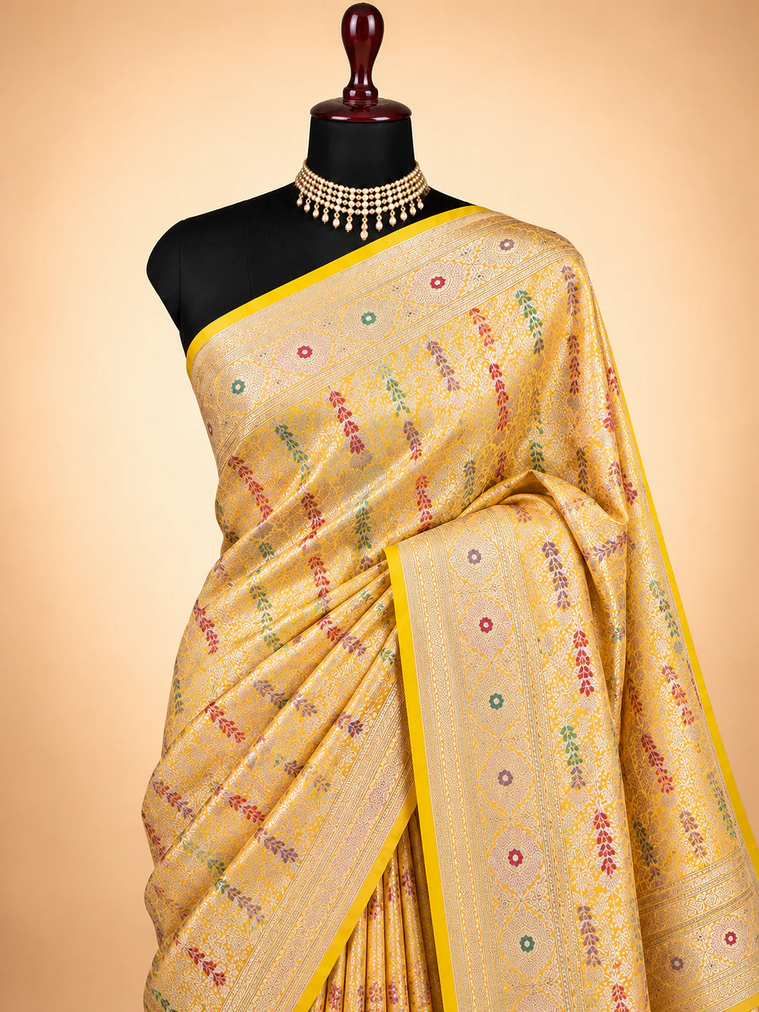 Golden Vine Garden — Pure Katan Silk Brocade Tilfi Meena Alowar Saree in Yellow