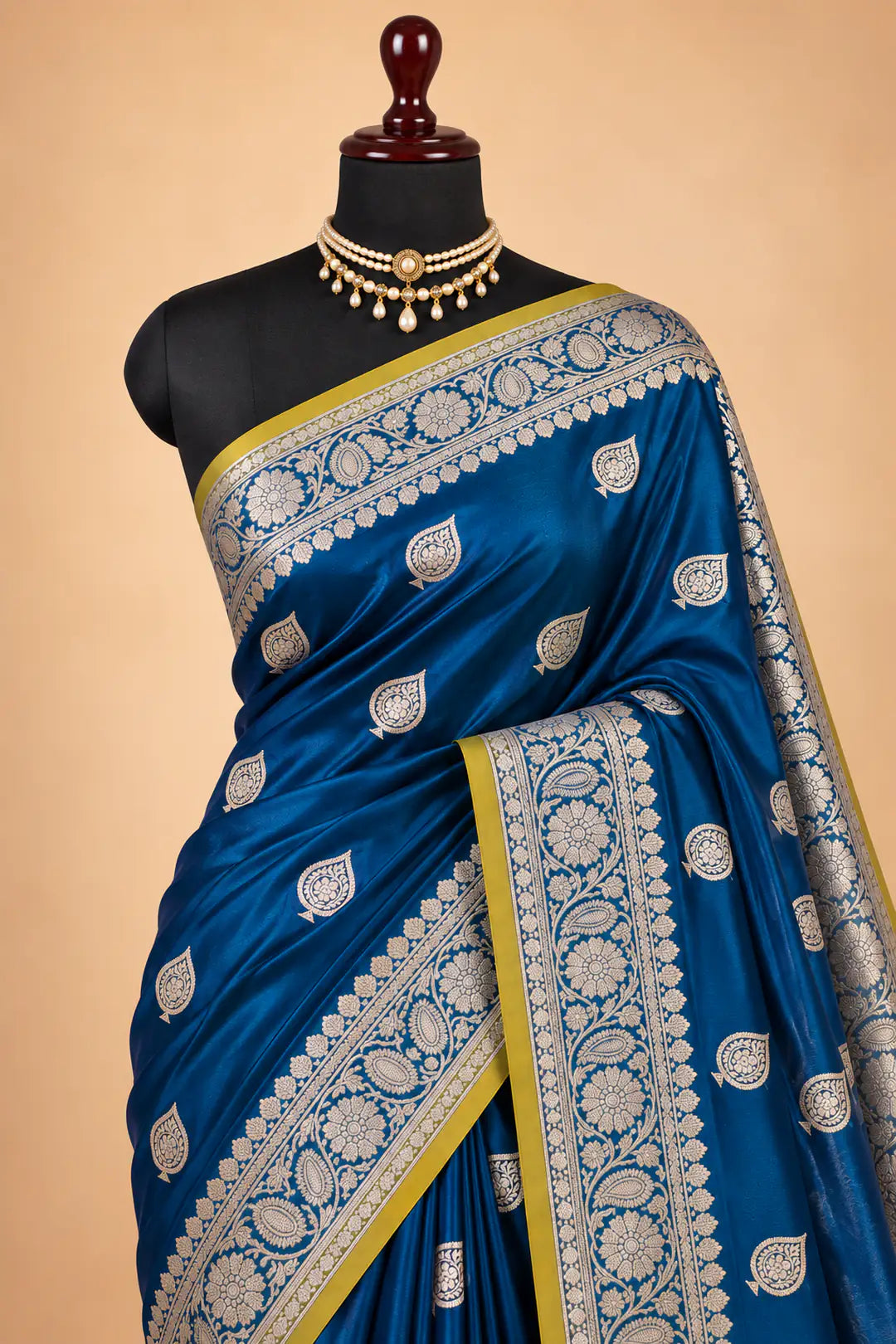Sapphire Marigold — Mashru Silk Banarasi Saree in Navy Blue