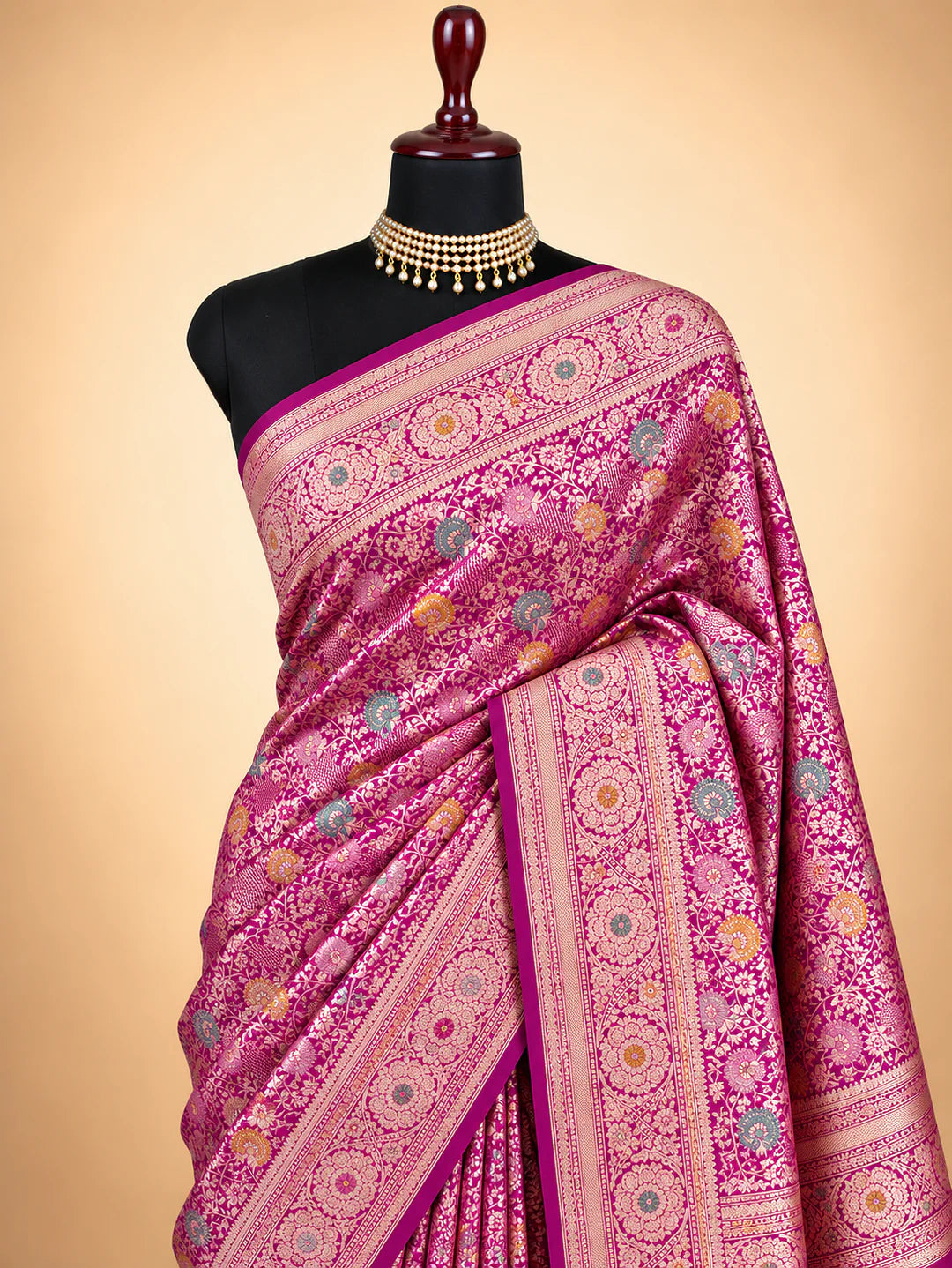 Magenta Blossom Trails — Pure Katan Silk Brocade Tilfi Meena Alowar Saree in Magenta