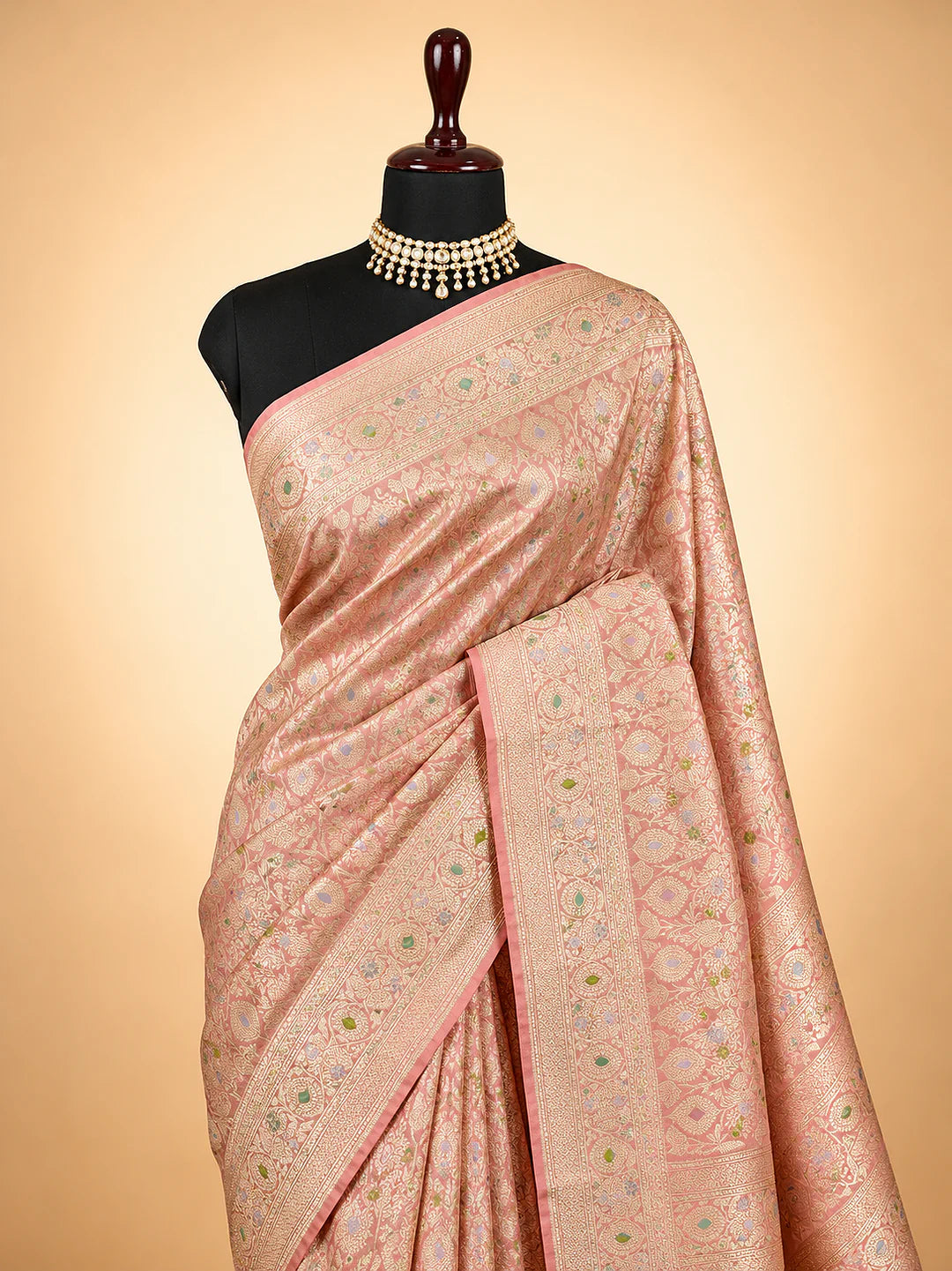 Peach Vine Whisper — Pure Katan Silk Banarasi Saree in Peach Pink