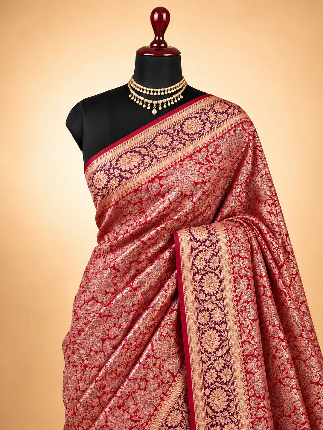 Crimson Blossom Canopy — Pure Katan Silk Brocade Tilfi Meena Alowar Banarasi Saree in Red