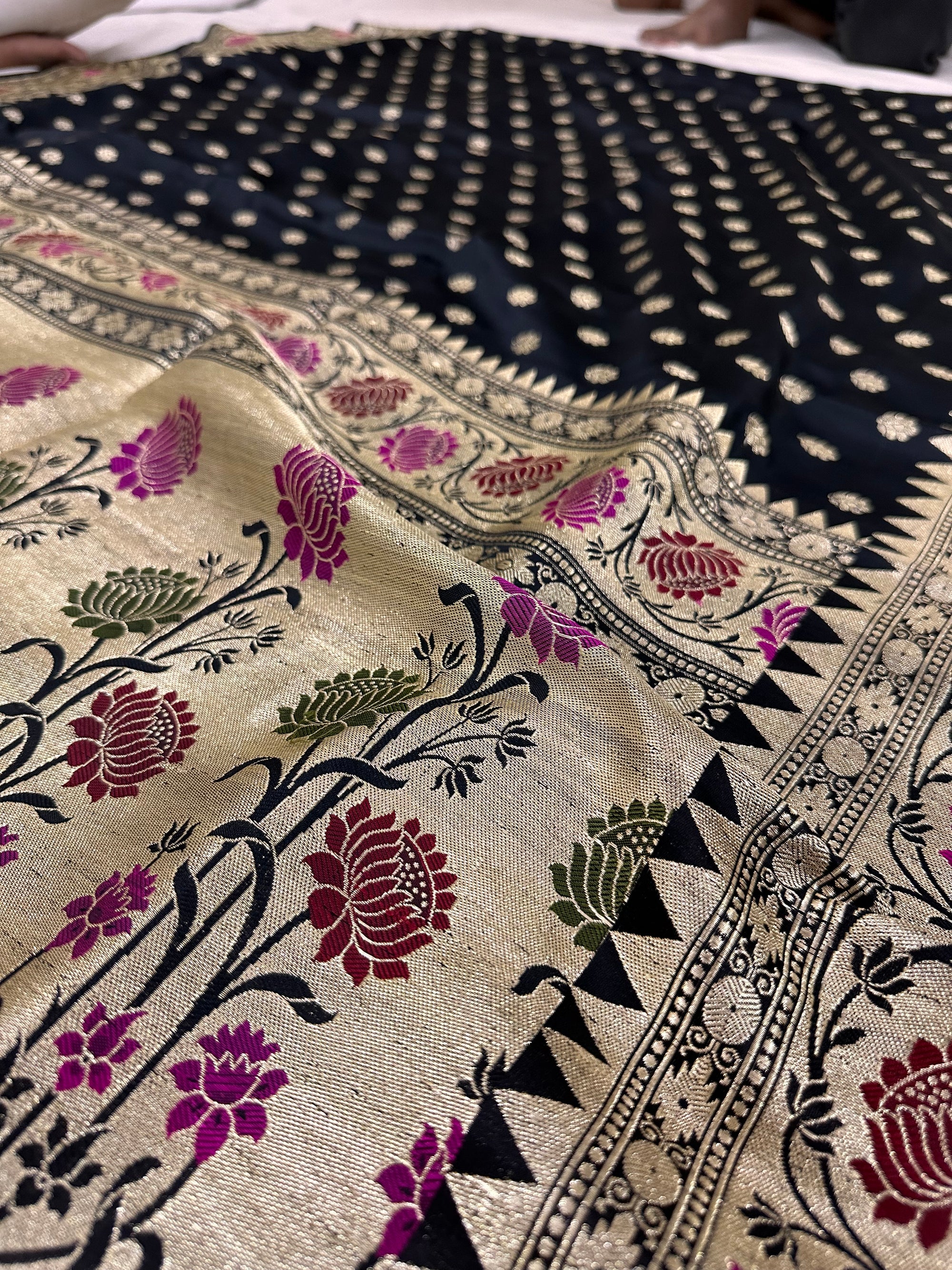 Genuine real zari work craftsmanship on Pure Satin Silk Banarasi saree