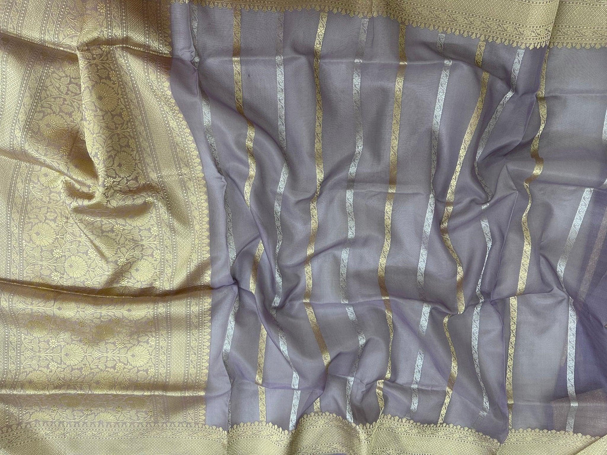 Handwoven Pure Kora Silk Banarasi Saree with Sona Rupa zari - Lavender