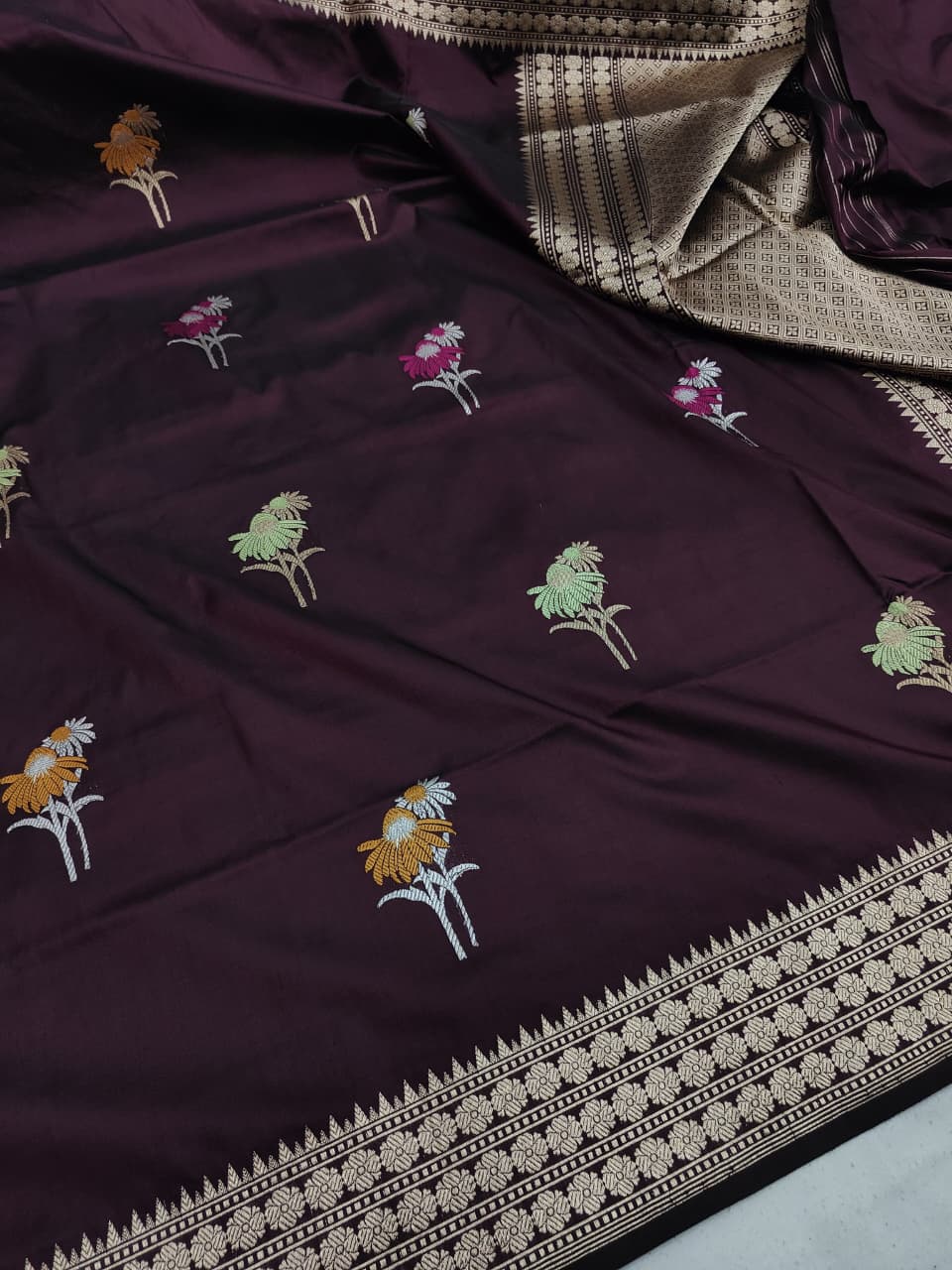 Pure Katan Silk Kadhwa Buta Banarasi Saree – Deep Wine | Sona Rupa Zari & Tilfi Minakari