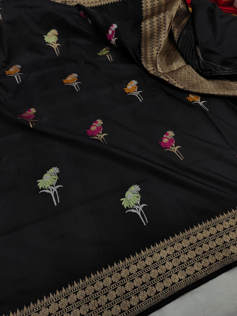 Pure Katan Silk Kadhwa Buta Banarasi Saree – Black | Sona Rupa Zari & Tilfi Minakari