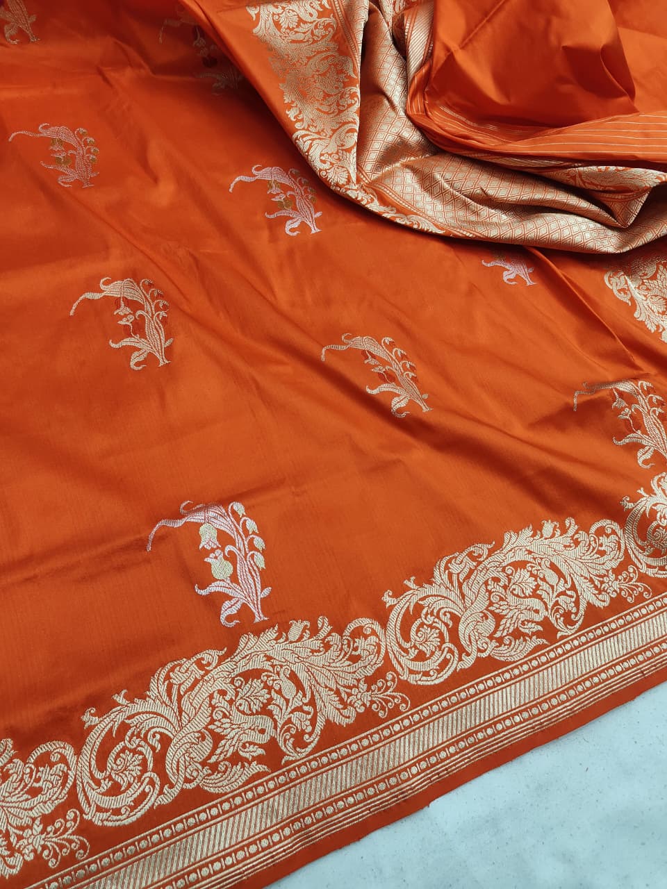 Pure Katan Silk Kadhwa Buta Banarasi Saree – Orange | Sona Rupa Zari & Tilfi Minakari