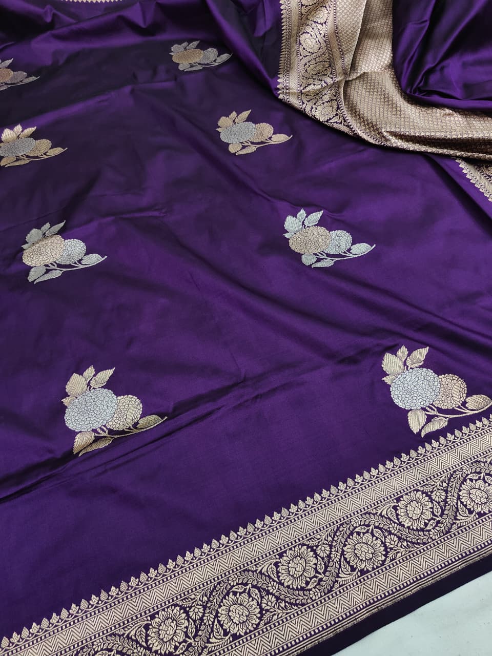 Pure Katan Silk Kadhwa Buta Banarasi Saree – Purple | Sona Rupa Zari