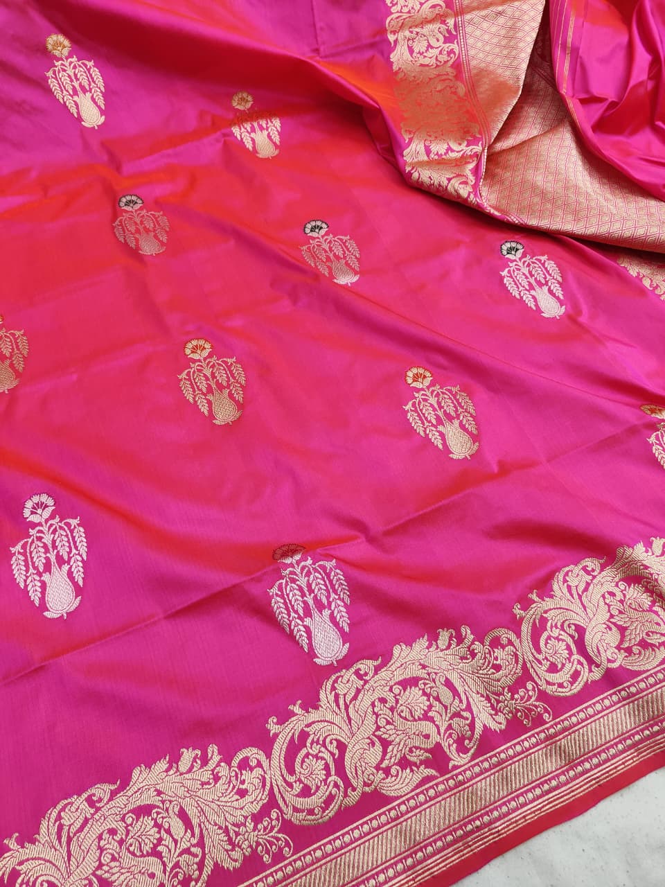 Handloom Banarasi Kadhwa Buta Saree | Pure Katan Silk | Sona Rupa Zari & Tilfi Minakari | Rani Pink