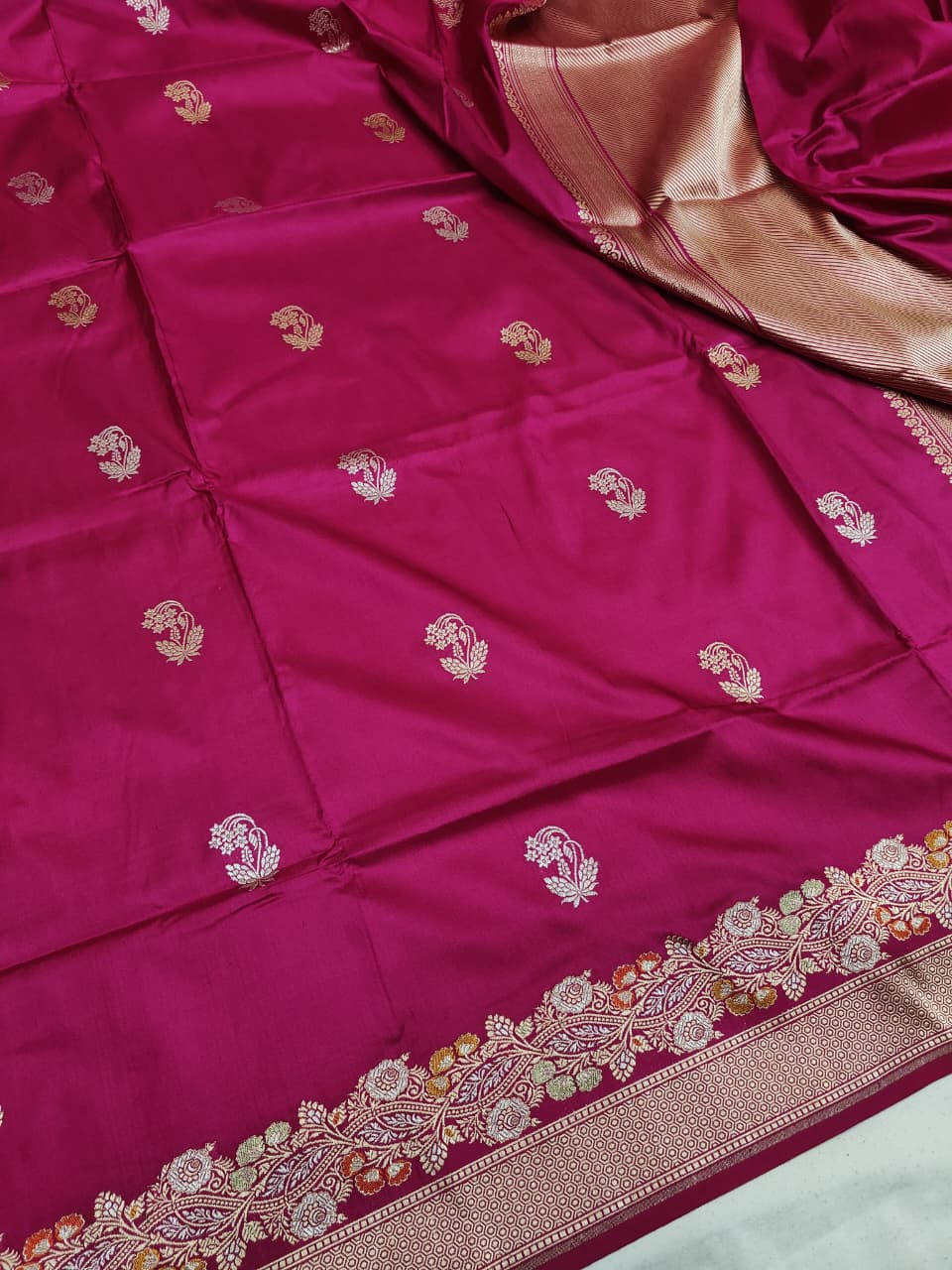 Pure Katan Silk Kadhwa Buta Banarasi Saree | Sona Rupa Zari & Tilfi Minakari | Rani Pink
