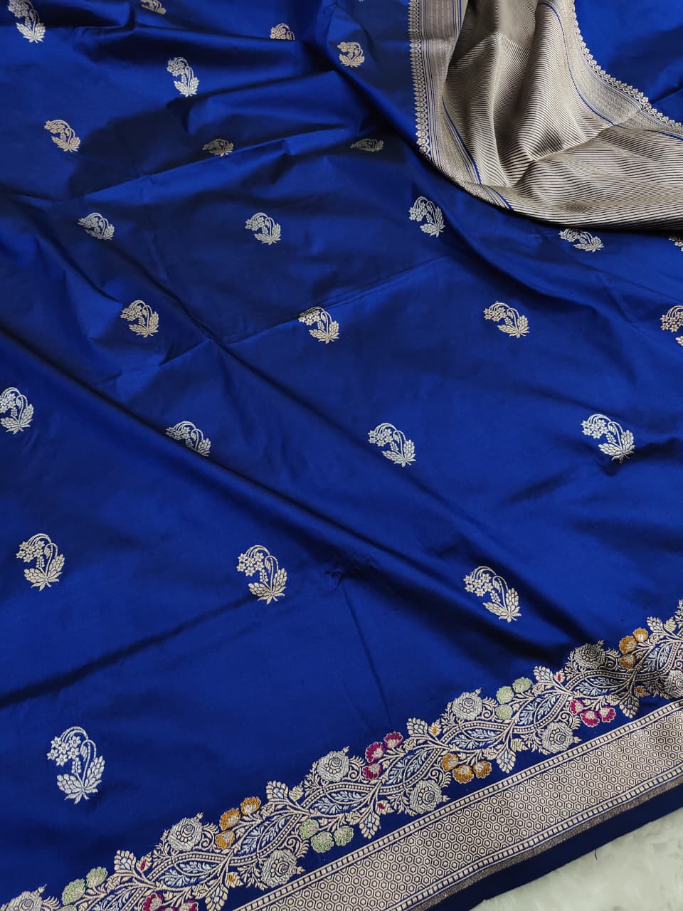 Pure Katan Silk Kadhwa Buta Banarasi Saree – Navy Blue | Sona Rupa Zari & Tilfi Minakari