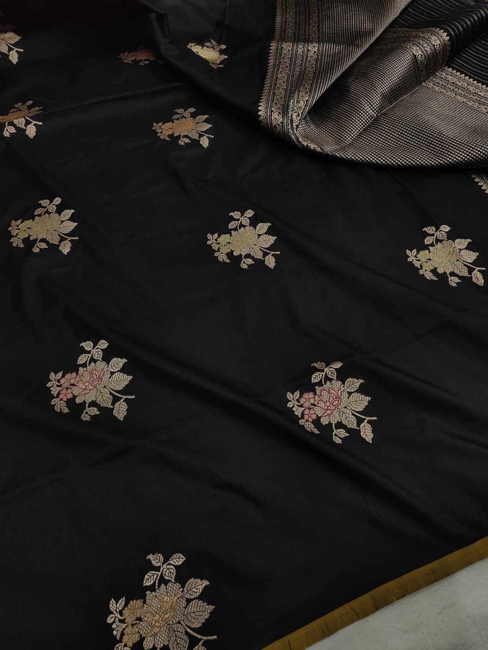 Black Pure Katan Silk Kadhwa Buta Banarasi Saree | Sona Rupa Zari & Tilfi Minakari