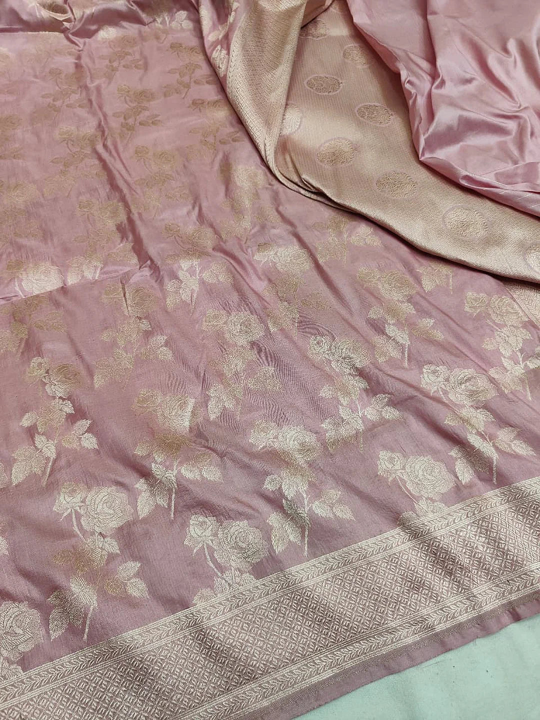 Blush Florals — Pure Katan Silk Banarasi Saree in Rose Pink