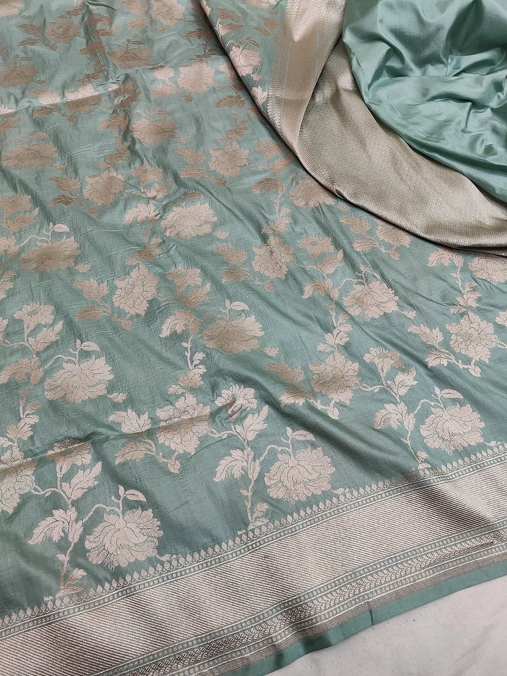 Seafoam Florals — Pure Katan Silk Banarasi Saree in Teal
