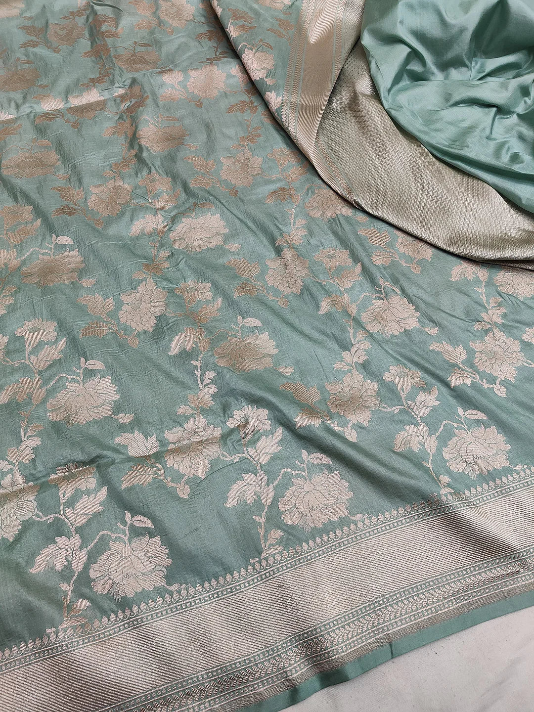 Seafoam Florals — Pure Katan Silk Banarasi Saree in Teal