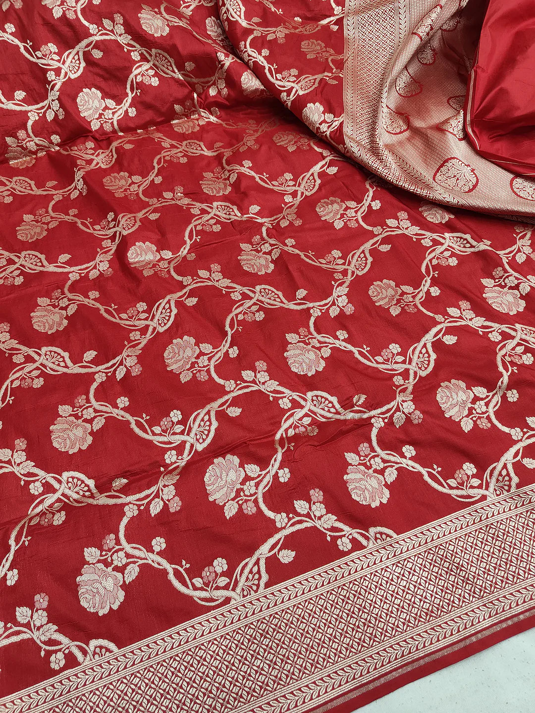 Red Pure Katan Silk Banarasi Saree with Gold Zari Rose Jaal | Katan Banaras